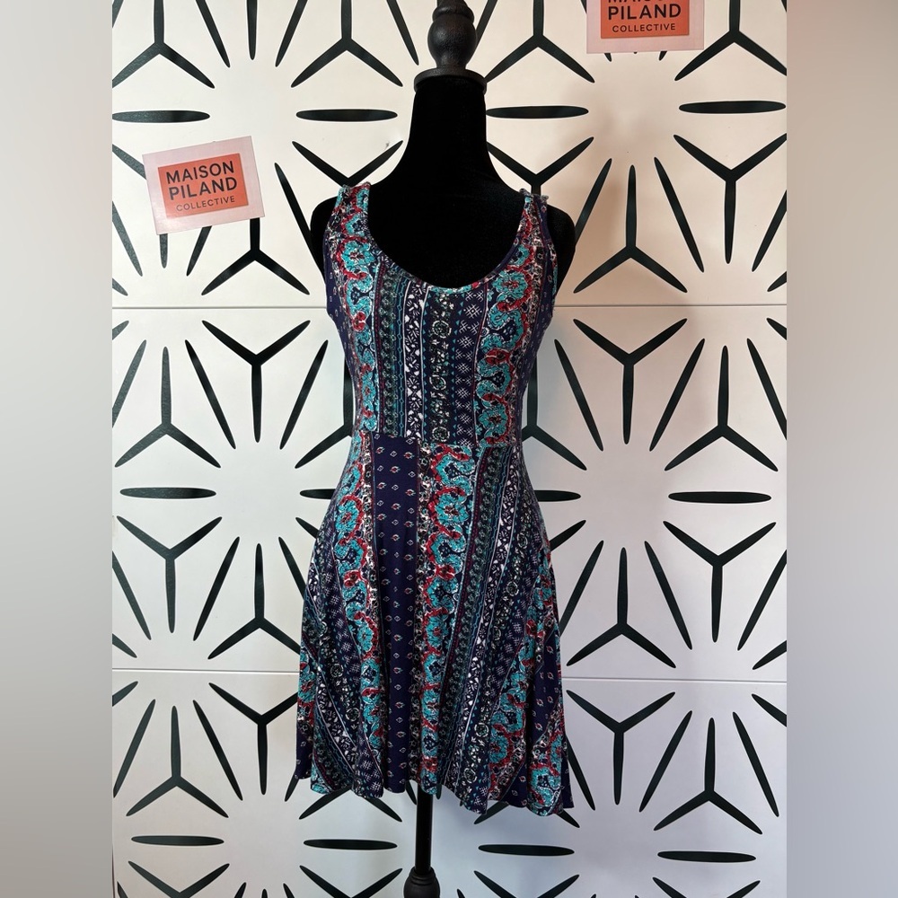 See You Monday Navy Blue and Teal Paisley Mini Dress